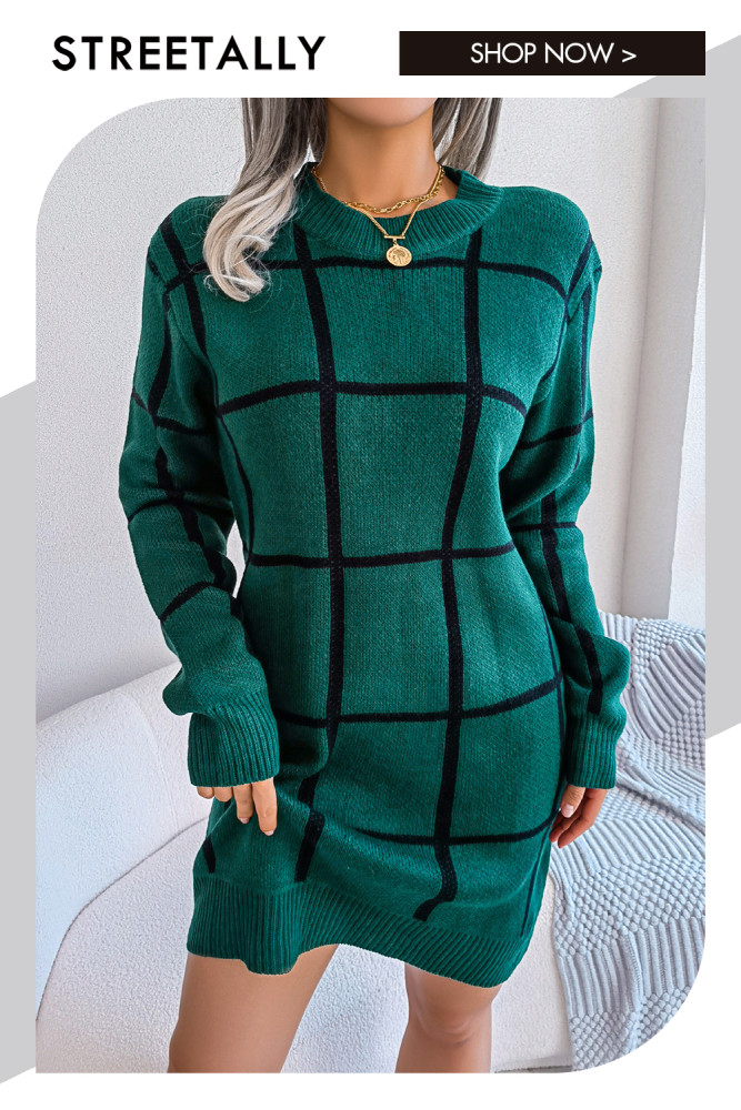 Casual Contrasting Plaid Long Sleeve Bottom Round Neck Loose Sweater Dresses