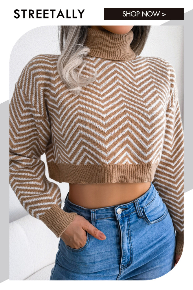 Fashion High Collar Long Sleeve Striped Navel Sweaters & Cardigans
