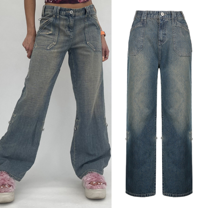 Vintage Khaki Wide Leg Cargo Jeans