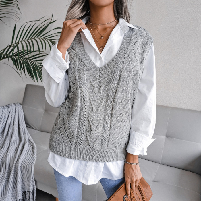 Hollow twist V-neck knitted vest Sweaters & Cardigans