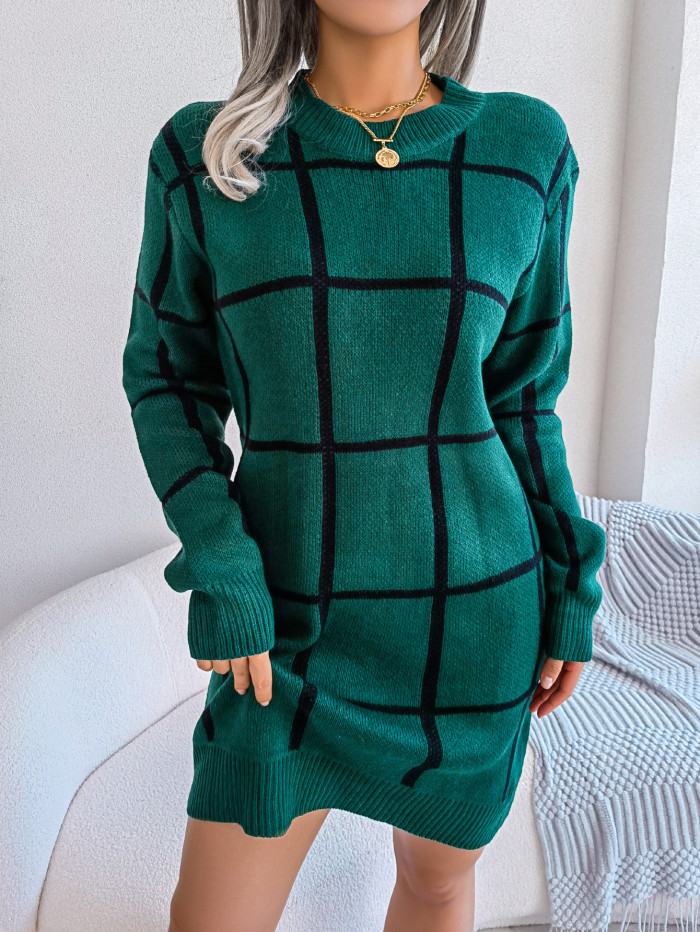 Casual Contrasting Plaid Long Sleeve Bottom Round Neck Loose Sweater Dresses