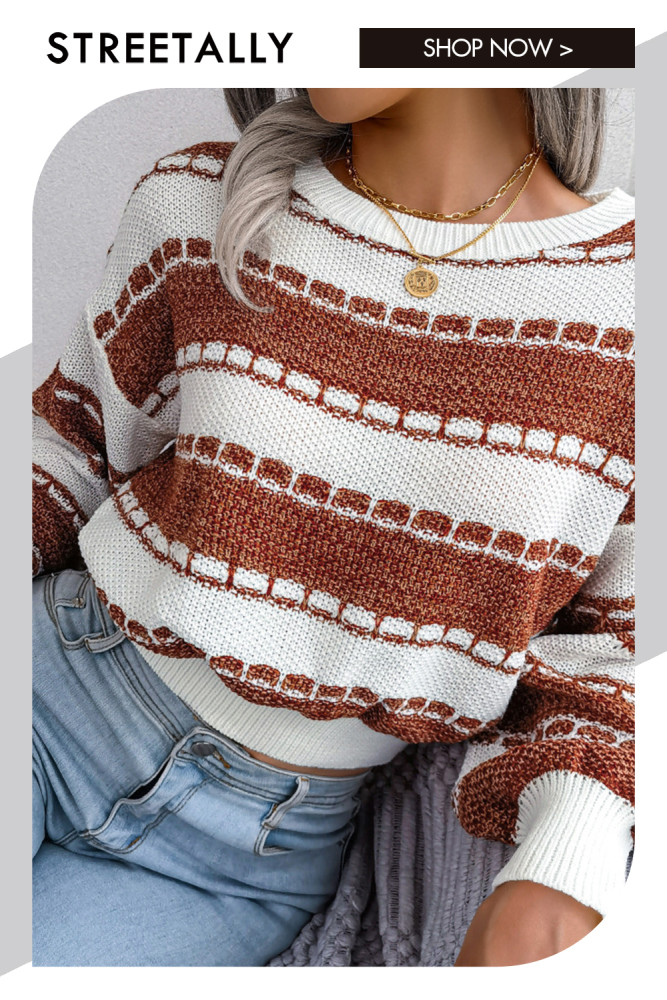 Trendy Contrasting Long Sleeve Crew Neck Stripe Sweaters & Cardigans