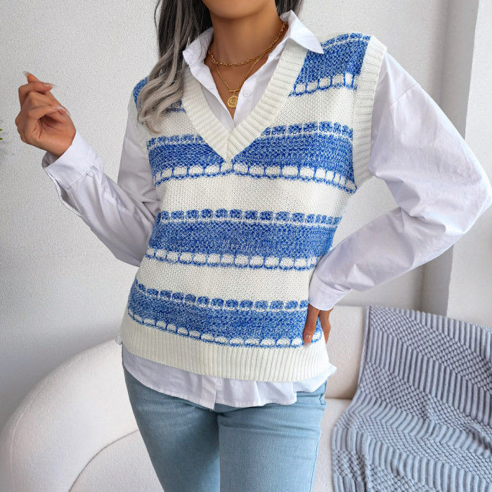 Fashion V-neck Colorful Striped Knitted Vest Sweaters & Cardigans