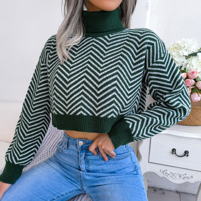 Fashion High Collar Long Sleeve Striped Navel Sweaters & Cardigans