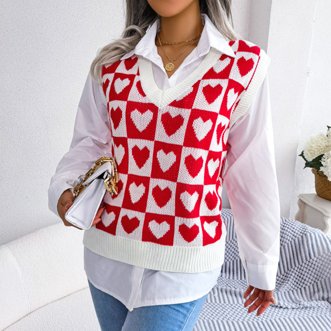 College Style Love V-neck Fashion Color Matching Vest Sweaters & Cardigans