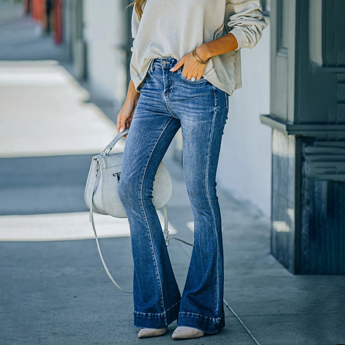 Flare Jeans Women Vintage Fashion Stretch Pocket  Wide Leg Jeans