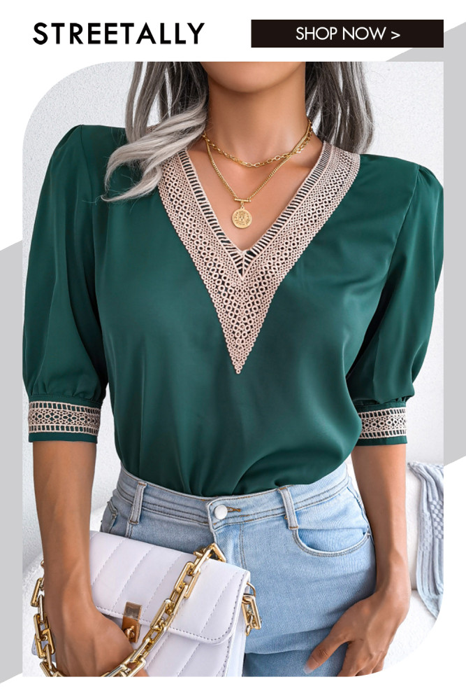 Elegant Lace V-neck Mid-sleeved Chiffon Blouses & Shirts