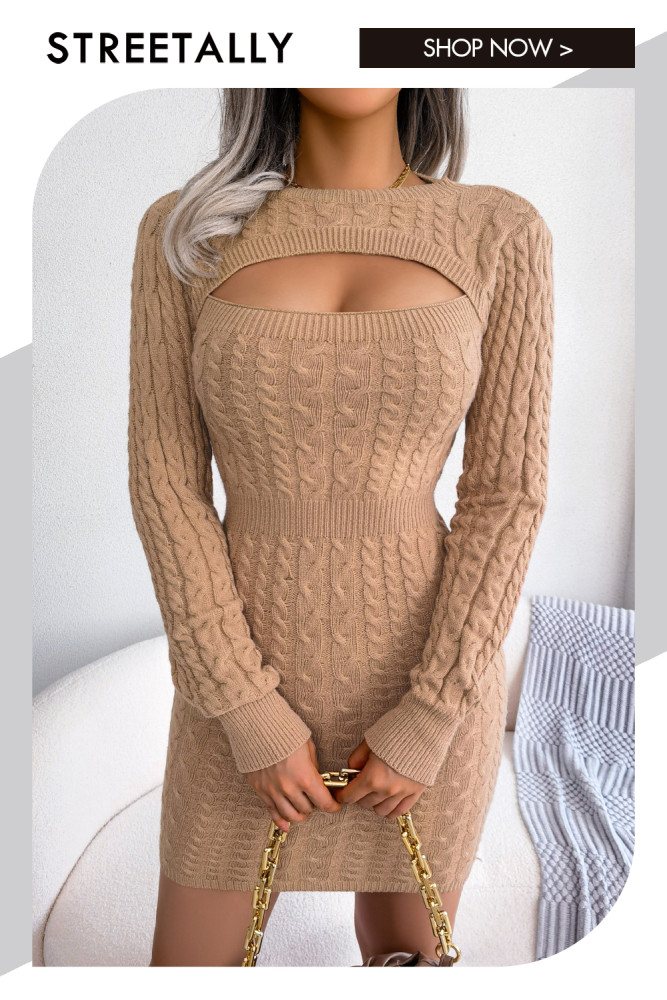 Sexy Hollow Twist Waist Bag Hip Solid Color Round Neck Sweater Dresses