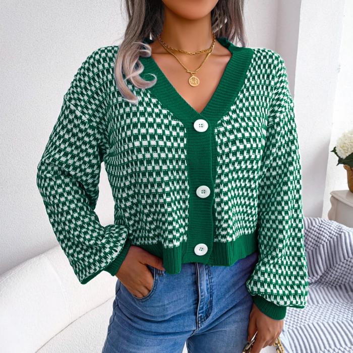 Contrasting Plaid Lantern Sleeves Single-breasted V-neck Sweaters & Cardigans