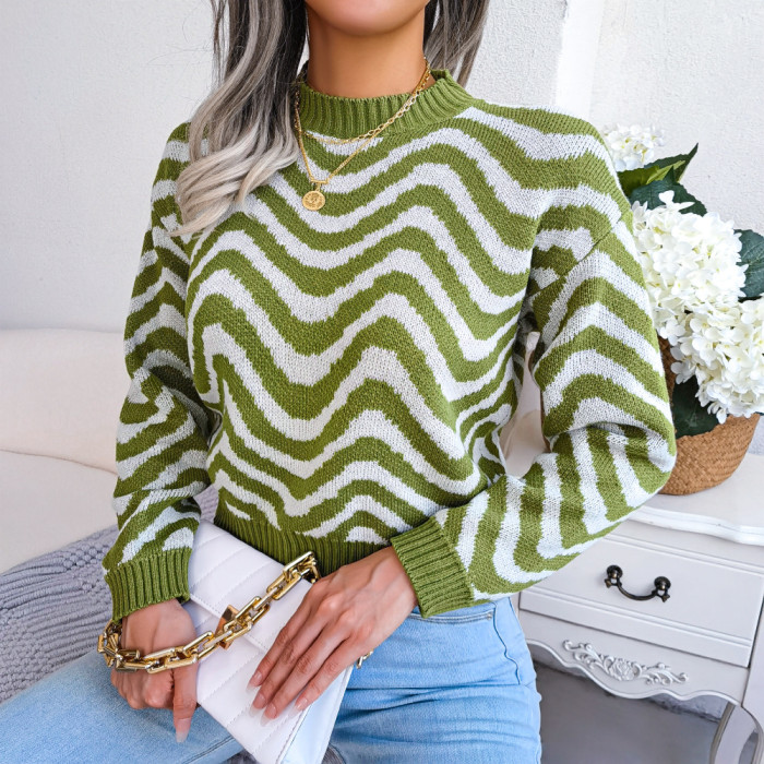 Street Style Color Contrast Striped Long Sleeve Round Neck Sweaters & Cardigans