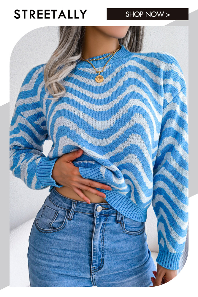 Street Style Color Contrast Striped Long Sleeve Round Neck Sweaters & Cardigans