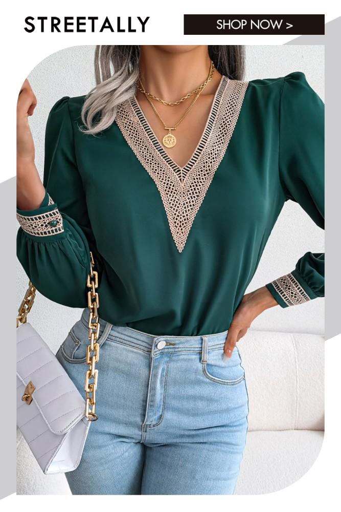 Elegant Lace V-neck Long-sleeved Chiffon Solid Color Blouses & Shirts