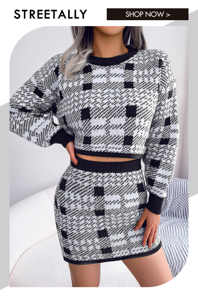 Contrast Plaid Cropped Sweater Hip Knit Two-piece Outfits