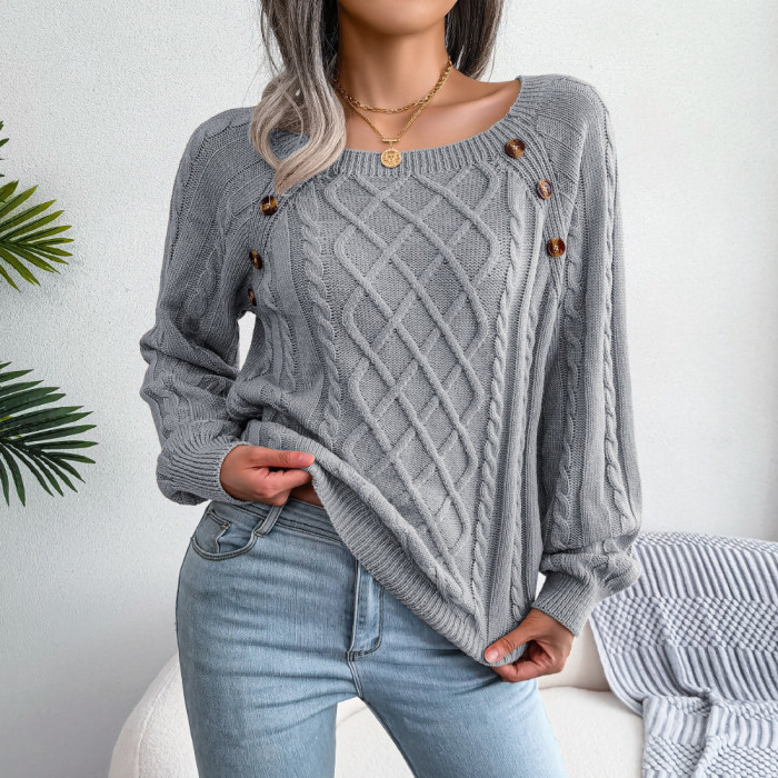 Casual Square Collar Buckle Twist Pullover Sweaters & Cardigans