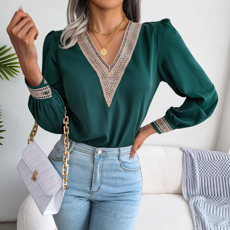 Elegant Lace V-neck Long-sleeved Chiffon Solid Color Blouses & Shirts