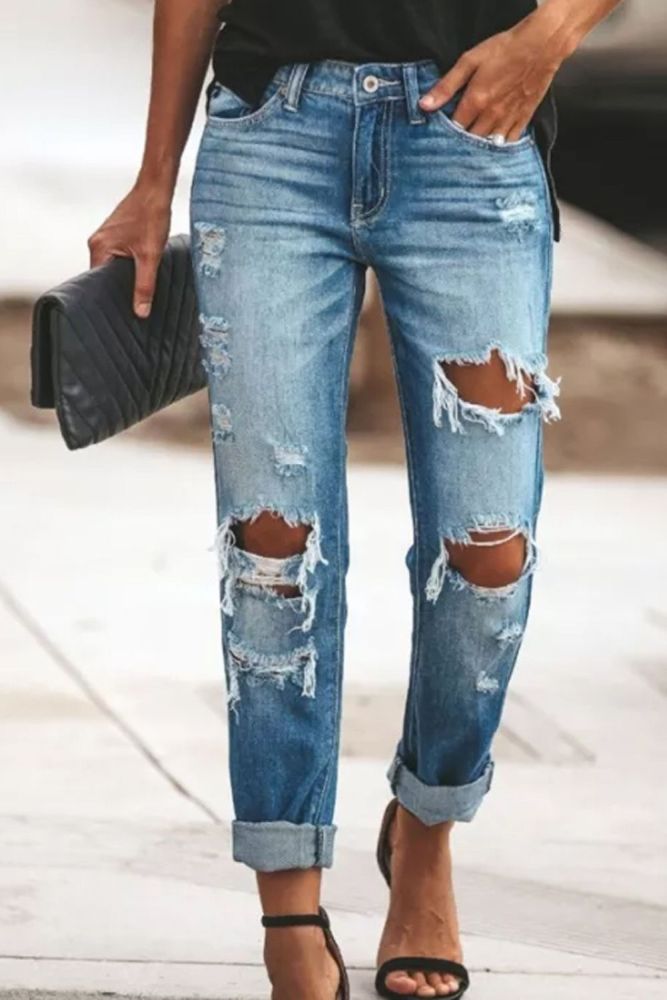 New Fashion Mid Waist Boyfriend Big Ripped Hole Jeans