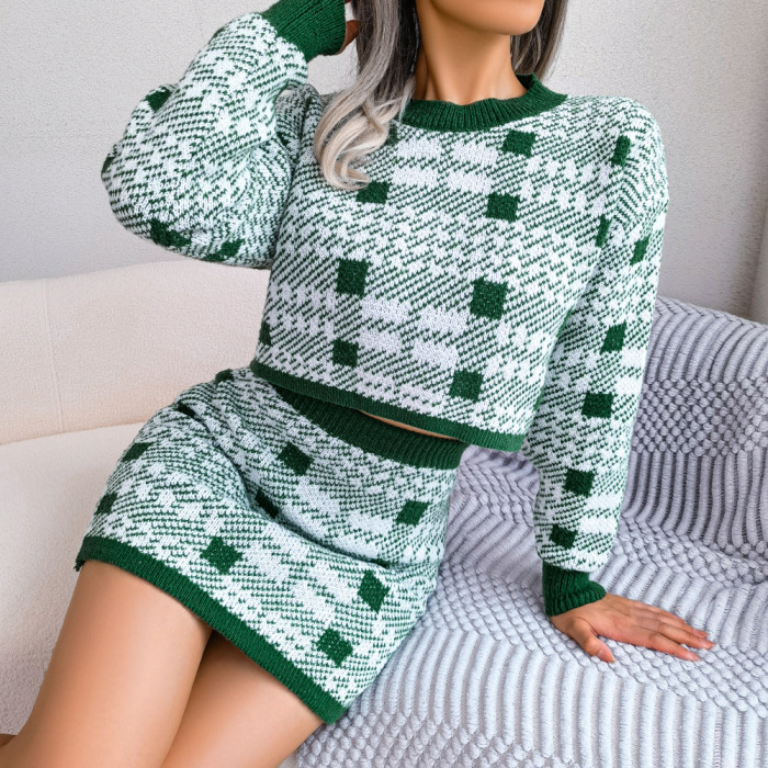 Contrast Plaid Cropped Sweater Hip Knit Two-piece Outfits