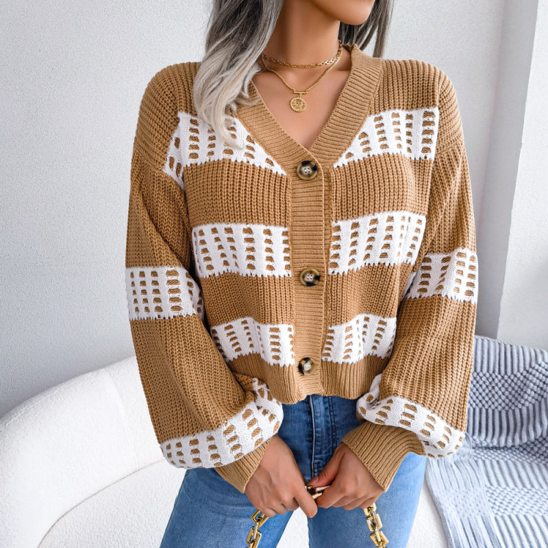 Contrasting Balloon Sleeve Striped Single-breasted Sweaters & Cardigans