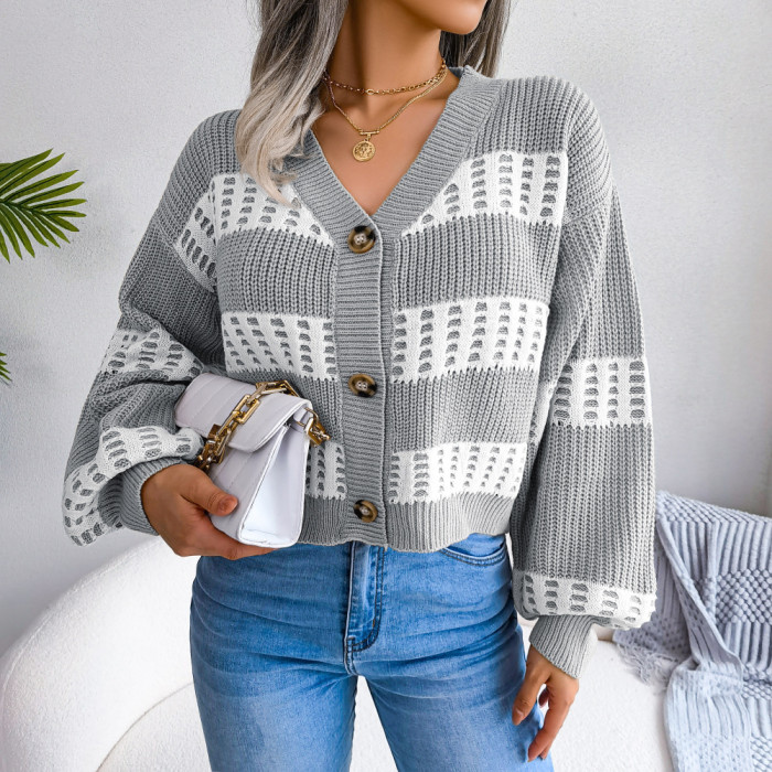 Contrasting Balloon Sleeve Striped Single-breasted Sweaters & Cardigans