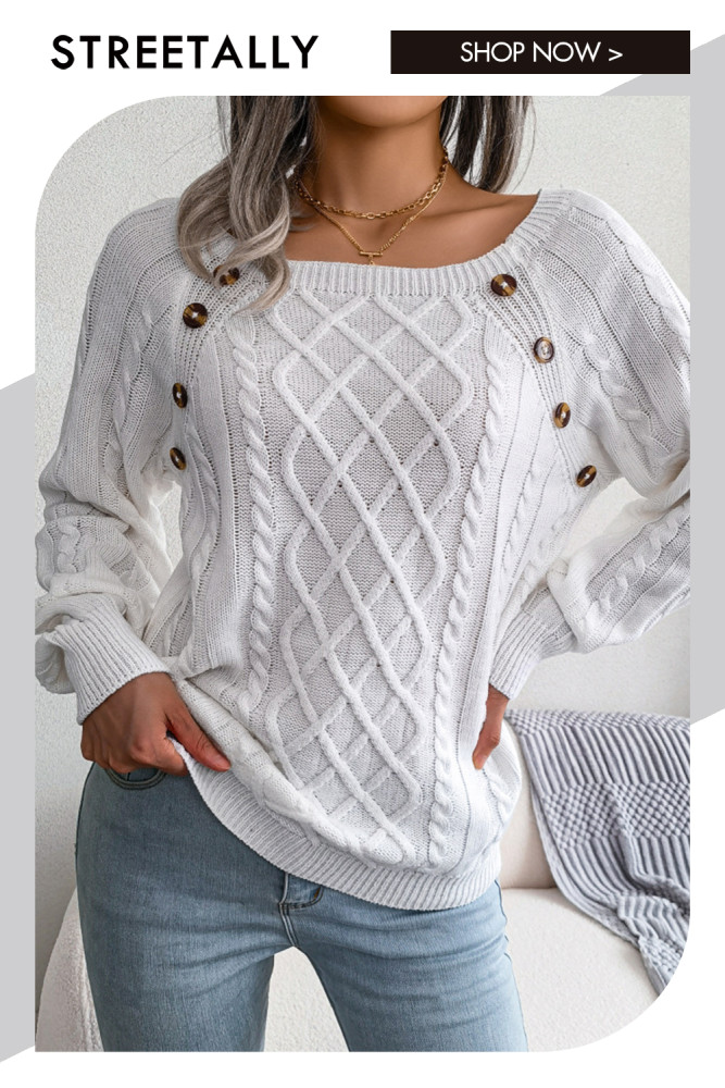 Casual Square Collar Buckle Twist Pullover Sweaters & Cardigans