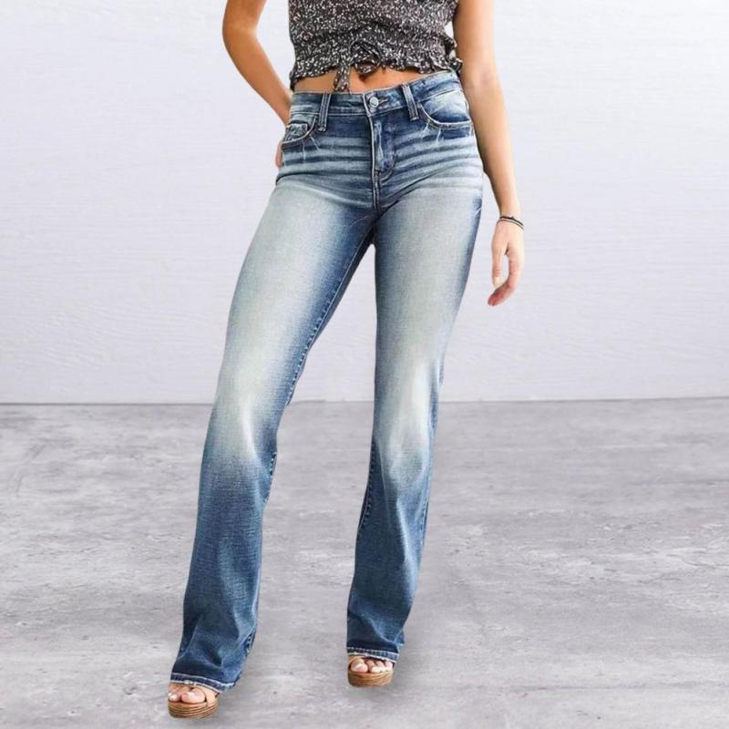 Chic Denim Pants Zipper Button Fly Skin-Touch Flared Pants