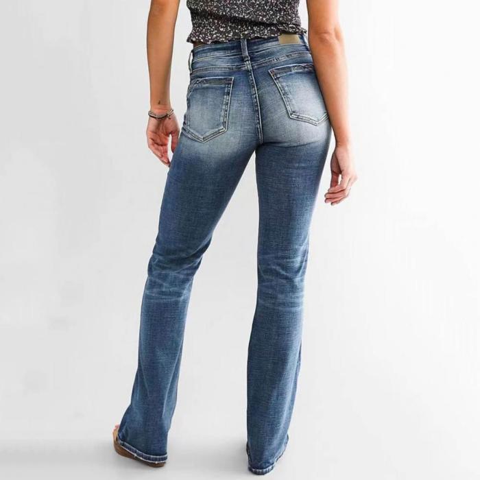 Chic Denim Pants Zipper Button Fly Skin-Touch Flared Pants
