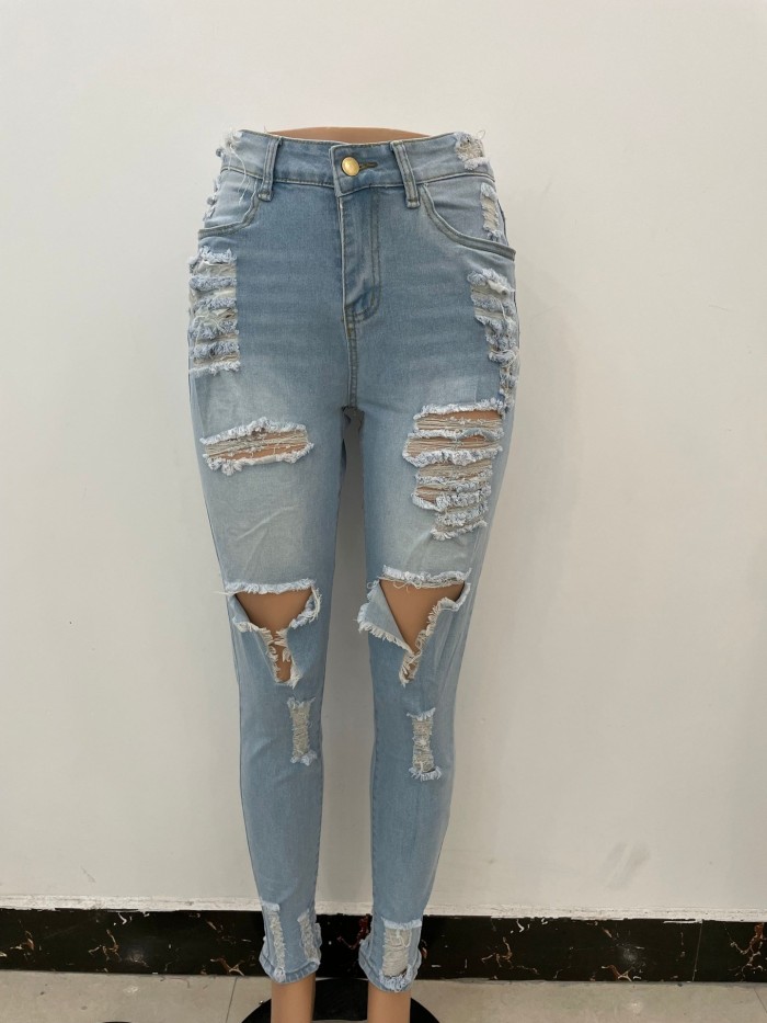 Casual Women Pants Hollow Out Ripped Bodycon Skinny Jeans