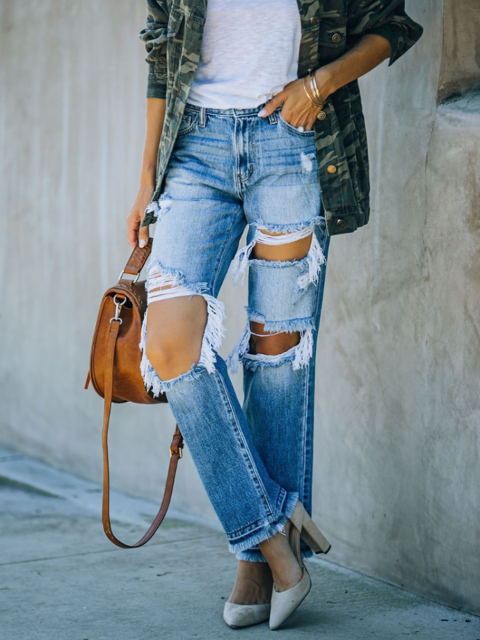 Hollow Out Ripped Straight Jeans
