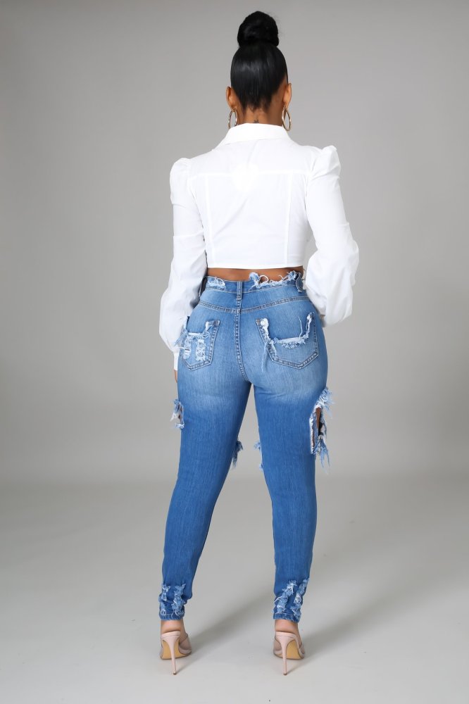 Casual Women Pants Hollow Out Ripped Bodycon Skinny Jeans