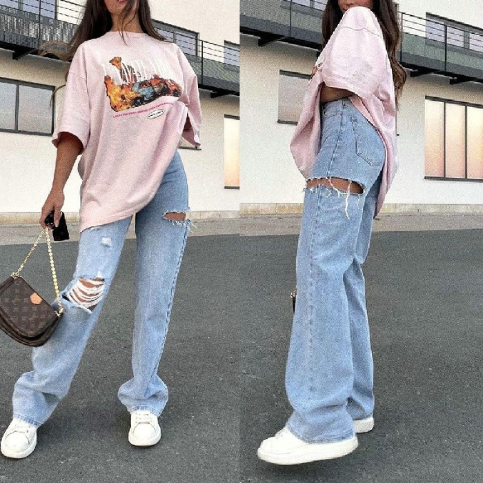 Ripped Hole Washed Casual High Waist Straight Jeans