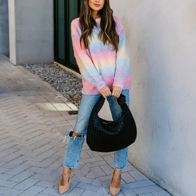 Women Casual Rinbow Color Pullover Sweater