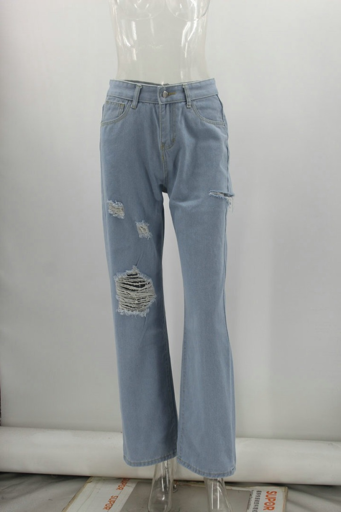 Ripped Hole Washed Casual High Waist Straight Jeans