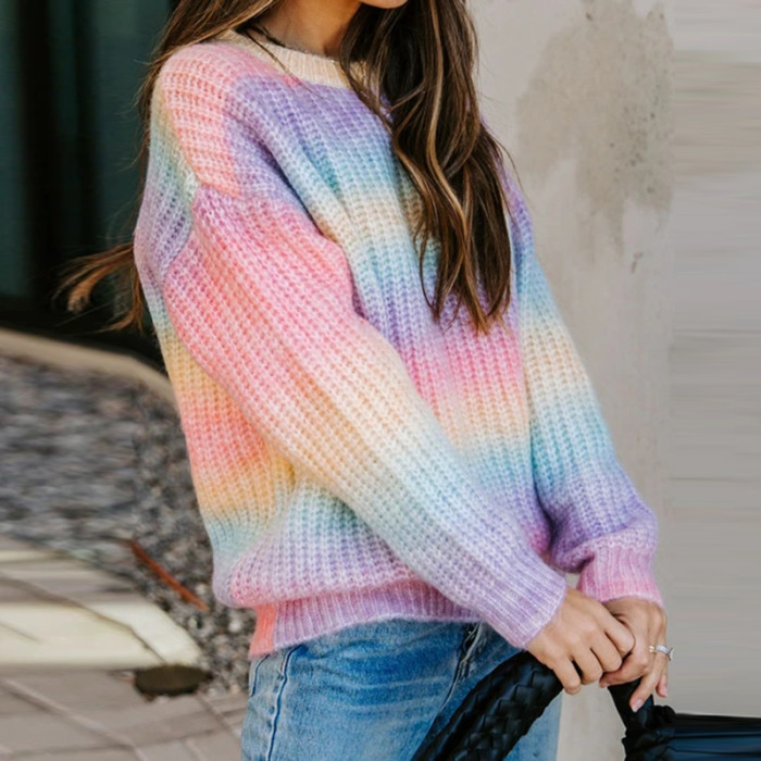 Women Casual Rinbow Color Pullover Sweater