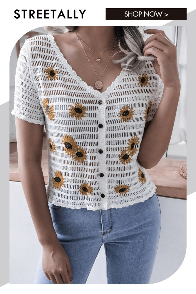 Small Daisy Embroidery Short Sleeve V-Neck Hollow Lace Blooses&Shirts