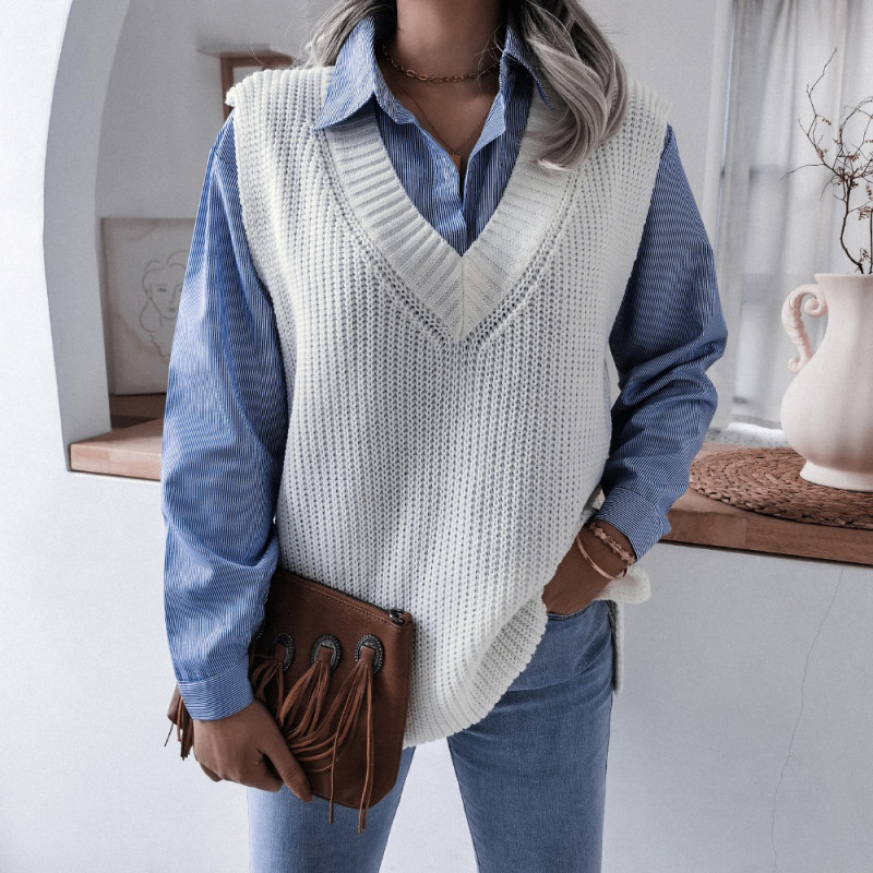 V-neck Casual Loose Knit Vest Sweaters&cardigans