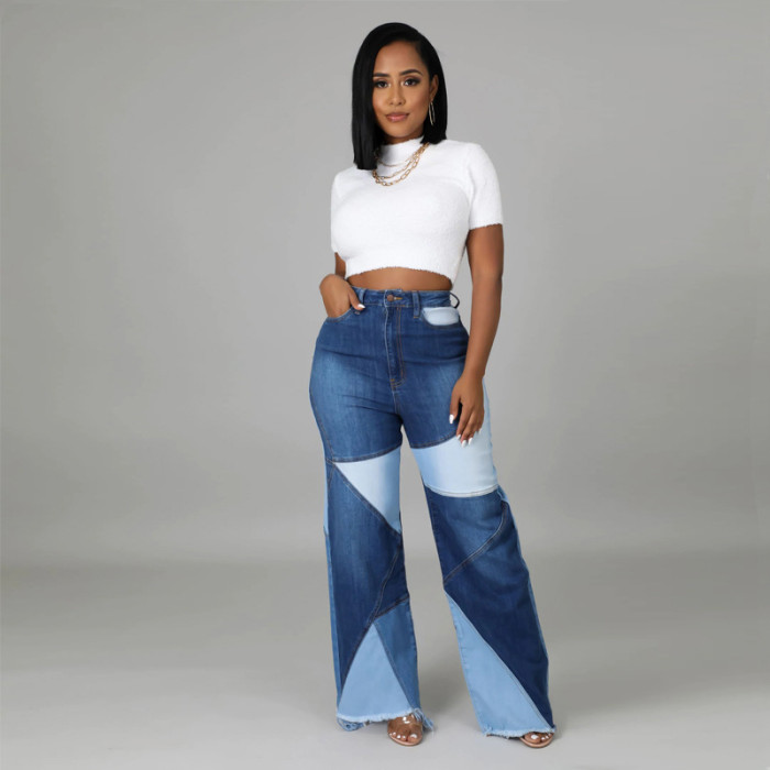 Panelled Two-color Contrast Denim Trousers Fashion Street Wear Casual Jeans