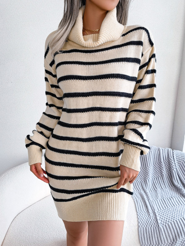 Casual High Neck Stripe Long Sleeve Fashion Sweater Dresses