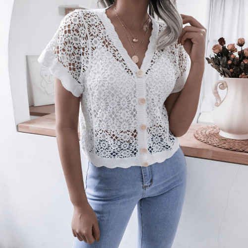 Vacation V Necklace Flower Hollow Lace Blouse&Shirt