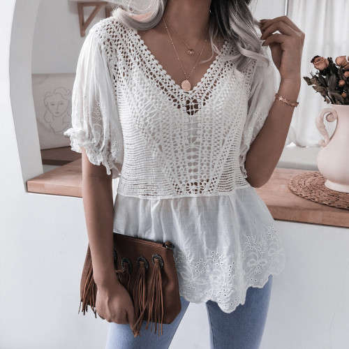 Casual Embroidery Ruffle Short Sleeve V-Neck Hook Flower Hollow Lace Blooses&Shirts