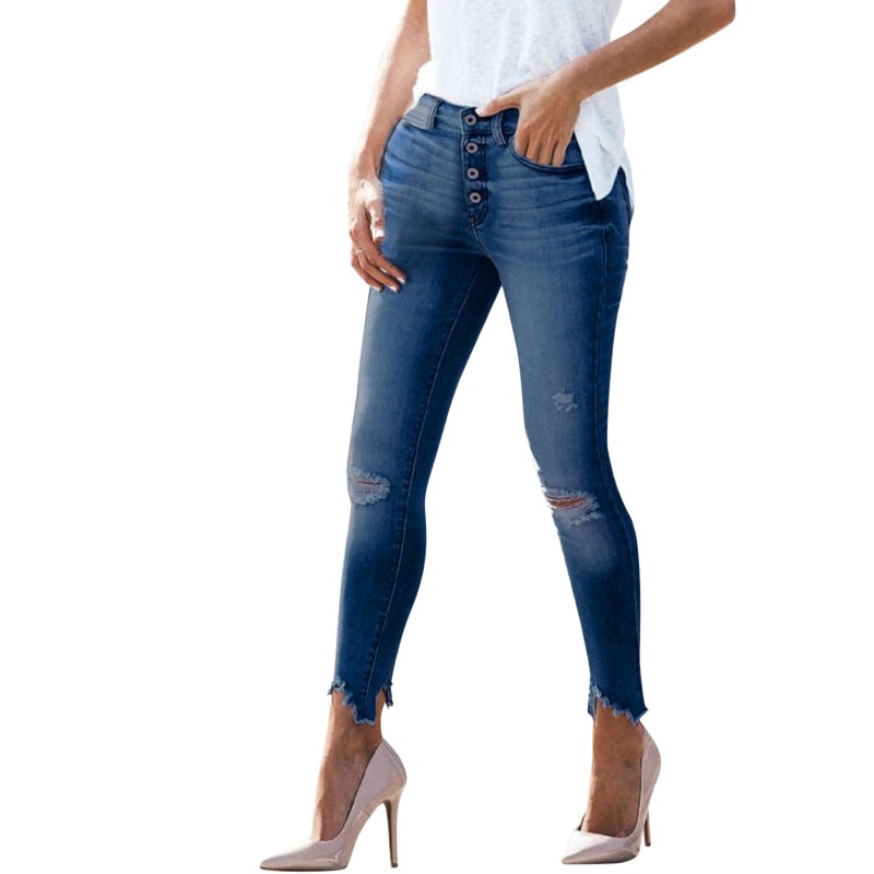 Denim Jeans For Women Buttoned Pocket Design Ripped Jeans