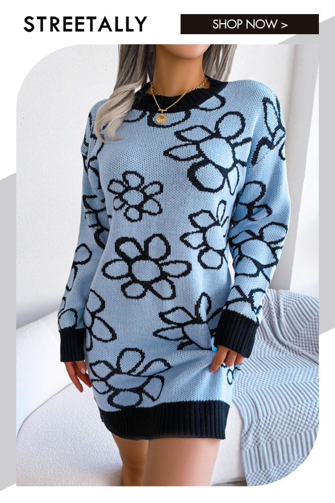 Contrast Floral Long Sleeve Underlay Knit Sweater Dresses
