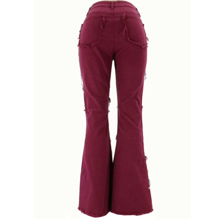 Women Patchwork Panelled Skinny Flare Pants High Waisted Wide Leg Jeans
