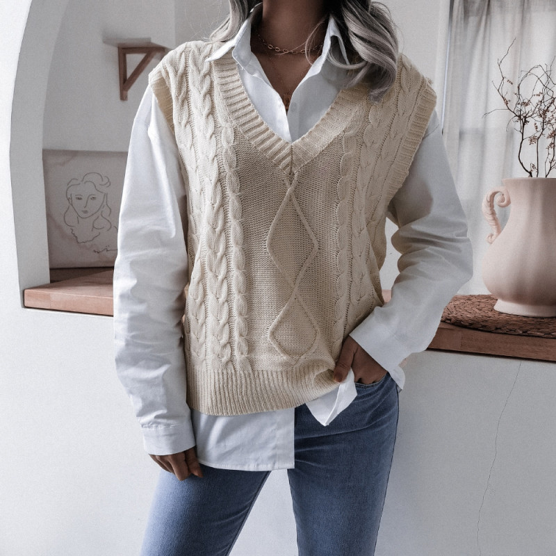 V-neck Twist Casual Loose Knit Vest Sweaters&cardigans