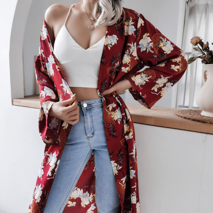 Flare Sleeve Floral Casual Chiffon Print Beach Cover Ups