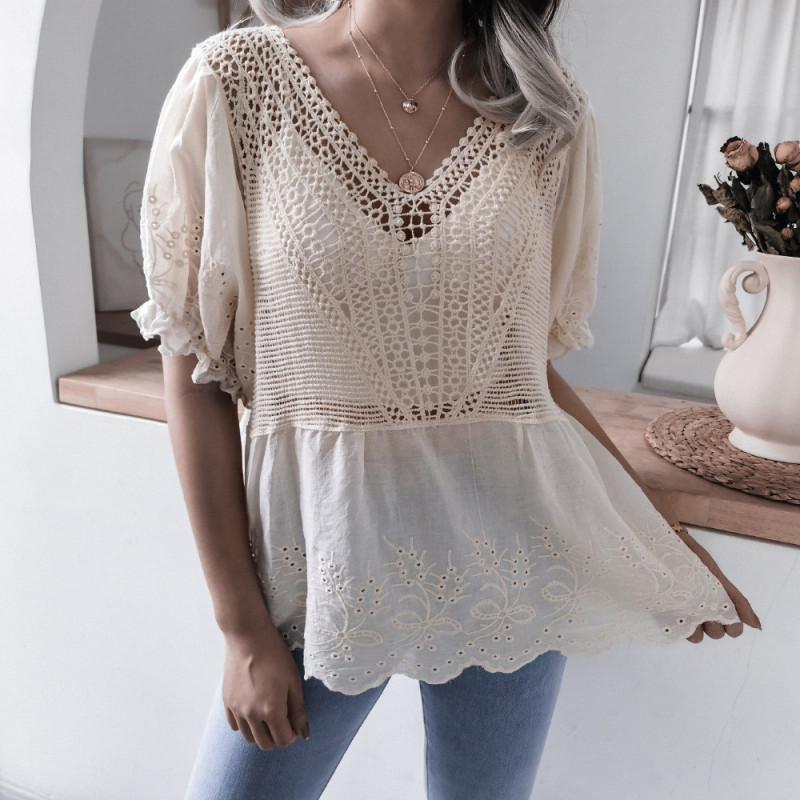 Casual Embroidery Ruffle Short Sleeve V-Neck Hook Flower Hollow Lace Blooses&Shirts