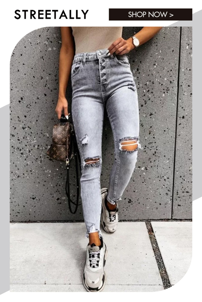 Stylish Gray Skinny Jeans Women Streetwear High Waist Ripped Jeans