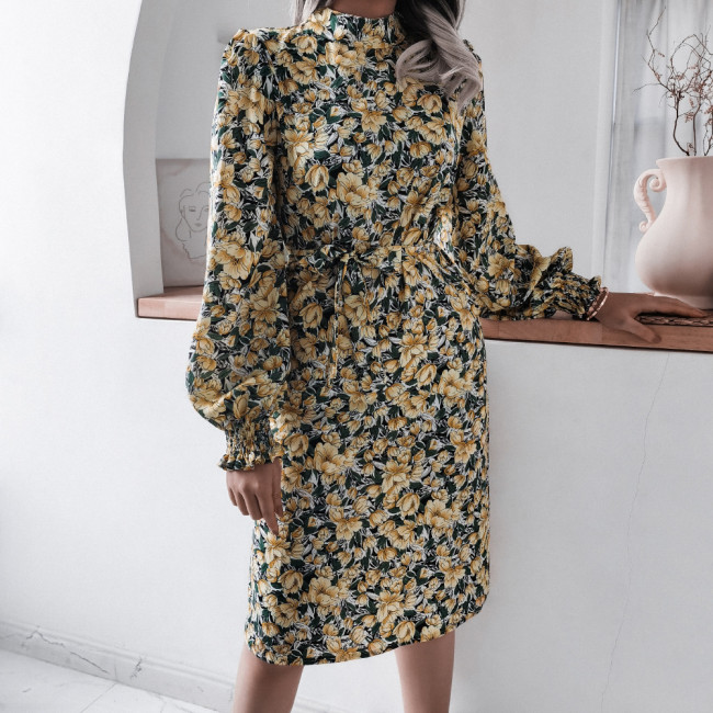 Floral Stand Collar Lantern Long Sleeve Chiffon Fashion Midi Dresses