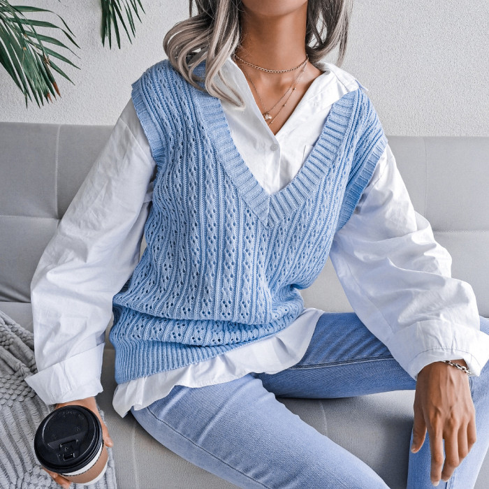 V-neck Cut-out Fried Dough Twist Casual Knitting Vest Sweaters&cardigans