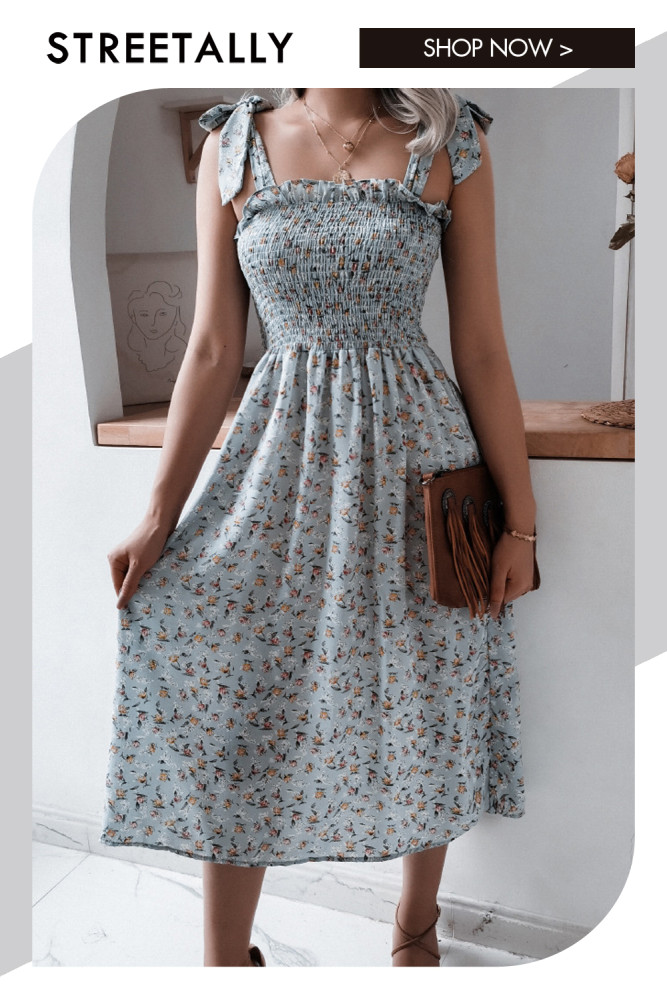 Casual Lace Up Sleeveless Floral Pleated Chiffon Midi Dresses