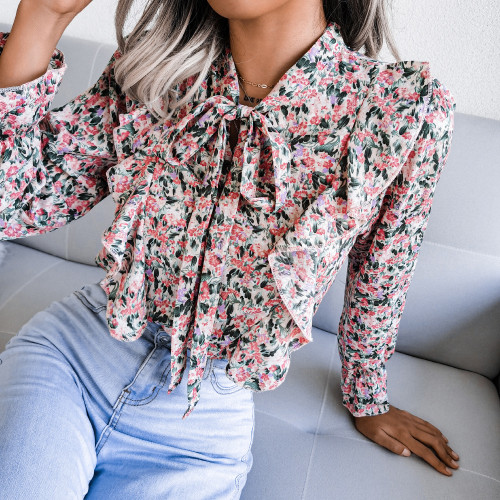 Casual Lace Up Ruffle Chiffon Blooses&Shirt